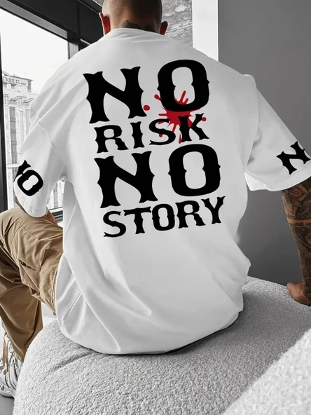Baskılı Oversize Bisiklet Yaka T-shirt - Beyaz - 1