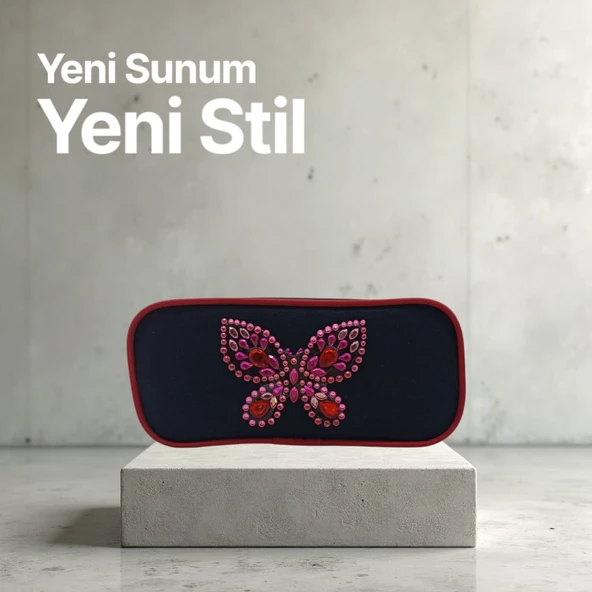 Style Kabartmalı Kelebek Desenli Siyah Kumaş Kalem Çantası - 2