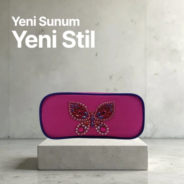 Style Kabartmalı Kelebek Desenli Pembe Kumaş Kalem Çantası