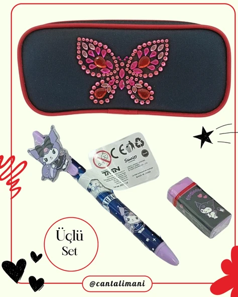 Kuromi Siyah Versatil Kalem, Silgi ve Kelebek Kabartmalı Kalem Çantası Seti  (Üçlü Set) ürün görseli