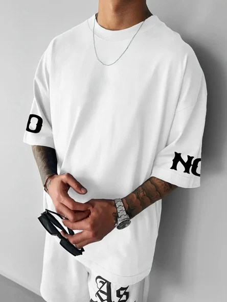 Baskılı Oversize Bisiklet Yaka T-shirt - Beyaz - 2