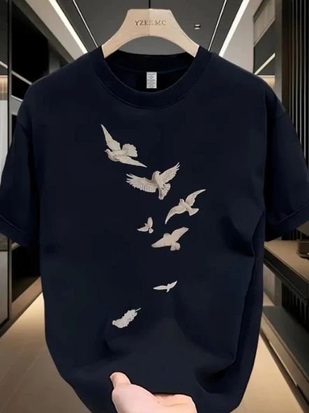 Baskılı Oversize Bisiklet Yaka T-shirt - Beyaz ürün görseli 1