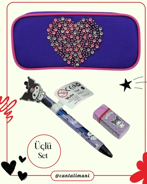 Kuromi Mor Versatil Kalem, Silgi ve Kalp Kabartmalı Kalem Çantası Seti (Üçlü Set)