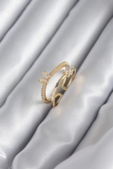 Pirinç Gold Renk Zirkon Taş Detay Kelebek Model Kadın Yüzük ürün görseli 1