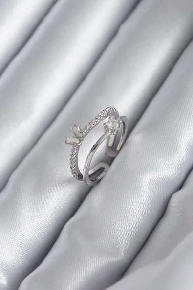 Pirinç Gümüş Renk Zirkon Taşlı Kelebek Model Kadın Yüzük ürün görseli