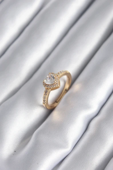 Pirinç Gold Renk Zirkon Taşlı Kalp Charm Model Kadın Yüzük ürün görseli 1