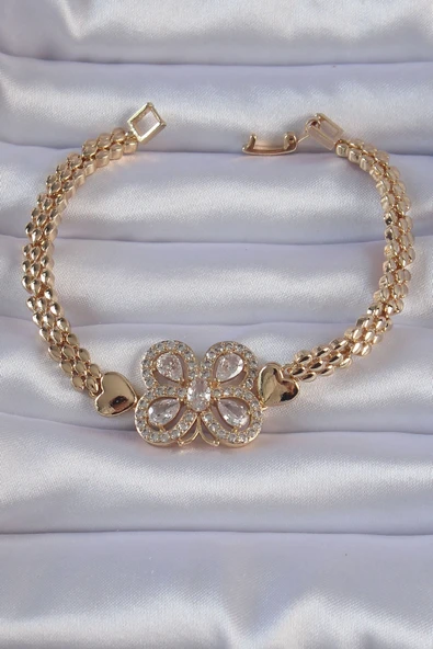 Pirinç Gold Renk Zirkon Taşlı Kelebek Figürlü Parçalı Model Bileklik - Resim 3