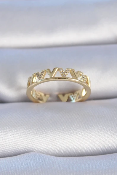 Pirinç Gold Renk Zirkon Taşlı "V" Model Kadın Yüzük ürün görseli 1