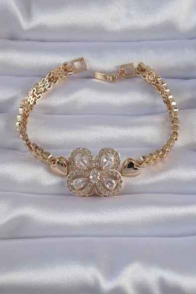 Pirinç Gold Renk Zirkon Taşlı Kelebek Figürlü Parçalı Model Bileklik - Resim 2
