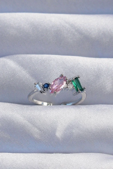 Pirinç Gümüş Renk Renkli Zirkon Taşlı Ayarlanabilir Yüzük ürün görseli 1