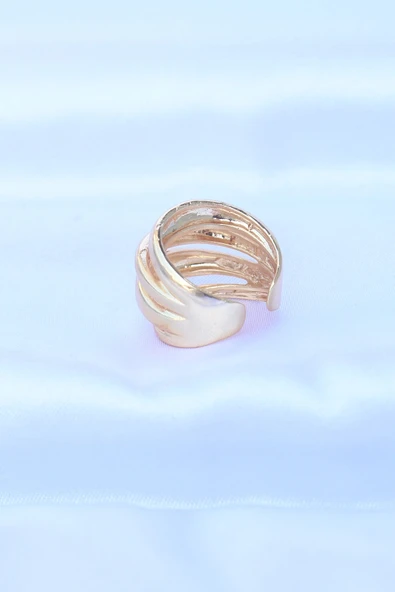 Pirinç Gold Renk Ayarlanabilir Tırtıklı Bombe Yüzük - 3