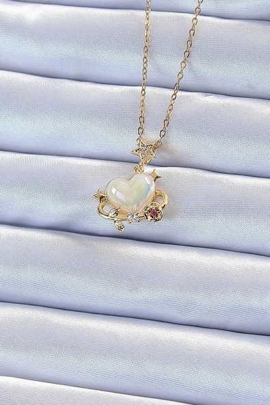 316L Çelik Zincir Altın Renk Zirkon Taşlı Gezegen Görünümlü Kalp Kolye ürün görseli