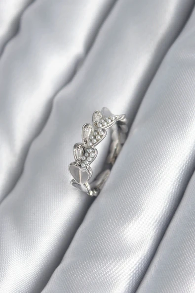 Pirinç Gümüş Renk Kalp Model İnci Detay Kadın Yüzük ürün görseli 1