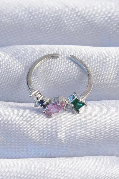 Pirinç Gümüş Renk Renkli Zirkon Taşlı Ayarlanabilir Yüzük - Resim 2