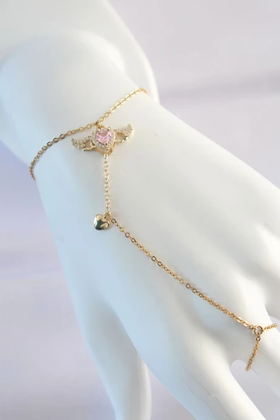 316L Çelik Gold Renk Pembe Zirkon Taşlı Kanatlı Kalp Model Şahmeran - 1