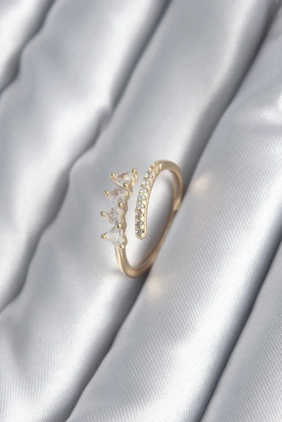 Pirinç Gold Renk Kalp Zirkon Taş Detay Kadın Yüzük ürün görseli 1