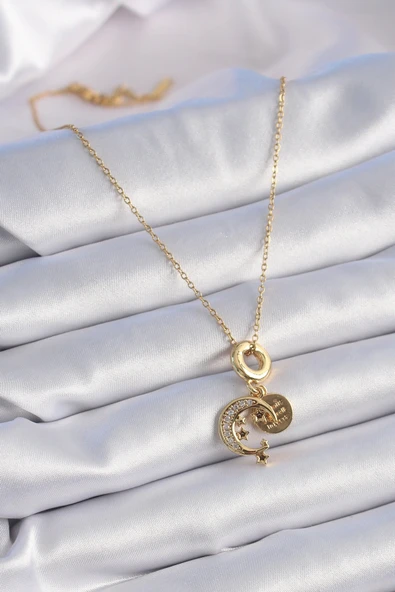 316L Çelik Gold Renk Zirkon Taşlı Ay Yıldız  Model Charm Model Kadın Kolye - Resim 2
