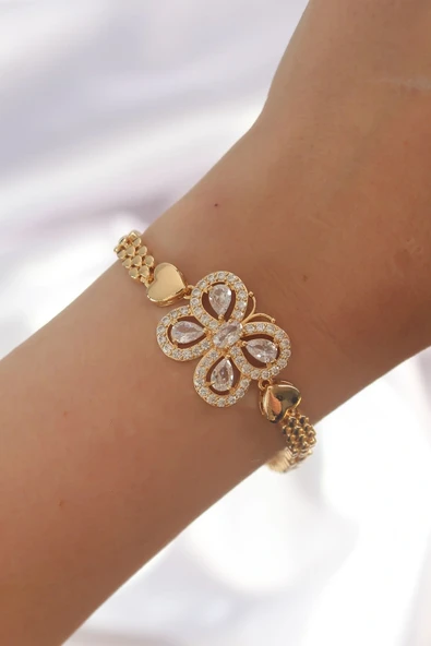 Pirinç Gold Renk Zirkon Taşlı Kelebek Figürlü Parçalı Model Bileklik ürün görseli