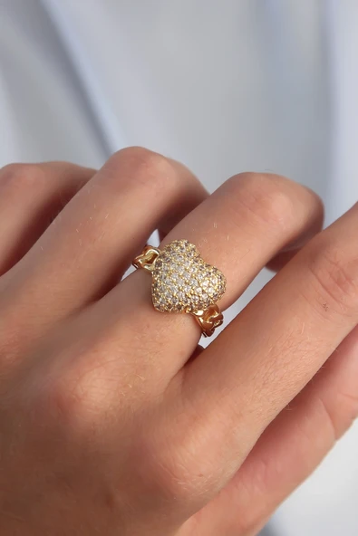 Pirinç Ayarlamalı Gold Renk Zirkon Taşlı Bombeli Kalp Yüzük - Resim 3