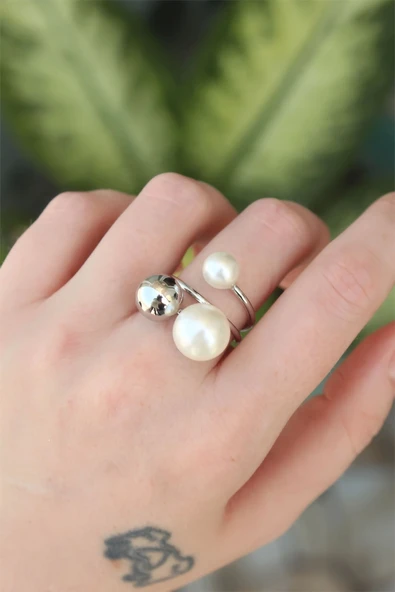 Pirinç Gümüş Renk Ayarlanabilir İnci Taşlı Yüzük ürün görseli 1