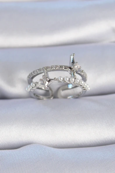 Pirinç Gümüş Renk Zirkon Taşlı İnci Detay Kutup Yıldızı Model Kadın Yüzük ürün görseli 1