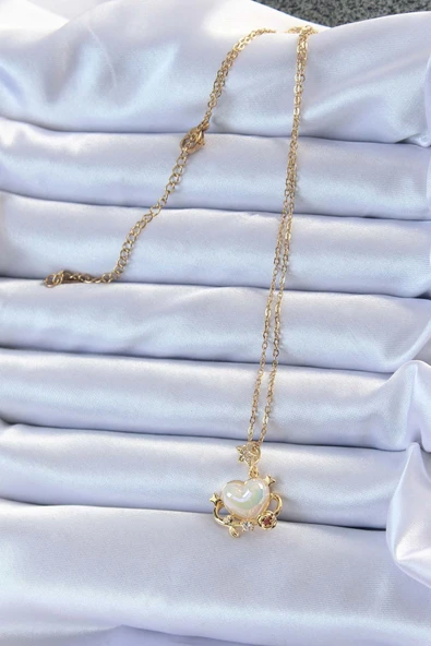 316L Çelik Zincir Altın Renk Zirkon Taşlı Gezegen Görünümlü Kalp Kolye - Resim 2