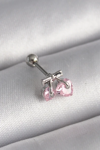 316L Çelik Gümüş Renk Pembe Zirkon Taşlı Kalp Tragus Piercing - 1
