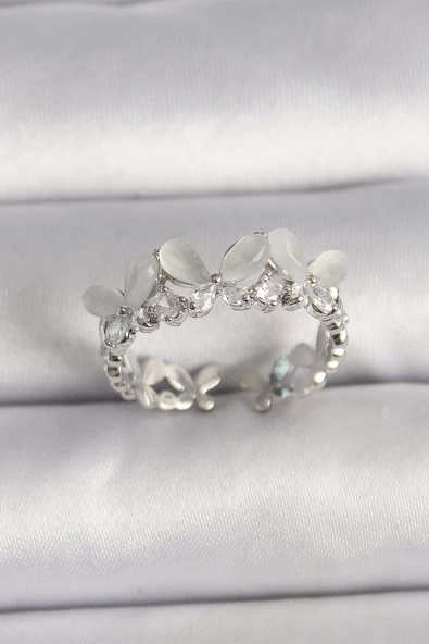 Pirinç Gümüş Renk Zirkon Taşlı Beyaz Mineli Kelebek Model Ayarlanabilir Yüzük ürün görseli