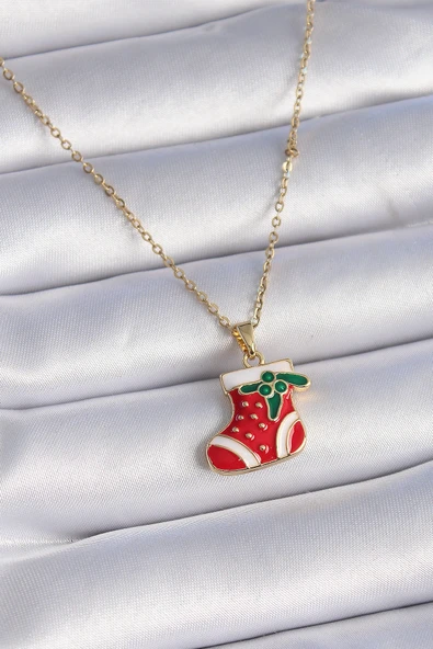 316L Çelik Gold Renk Zincir Yılbaşı Temalı Kırmızı Noel Çorabı Figür Kadın Kolye ürün görseli