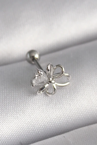 316L Çelik Gümüş Renk Zirkon Taş Detay Kurdele Model Tragus Piercing ürün görseli 1