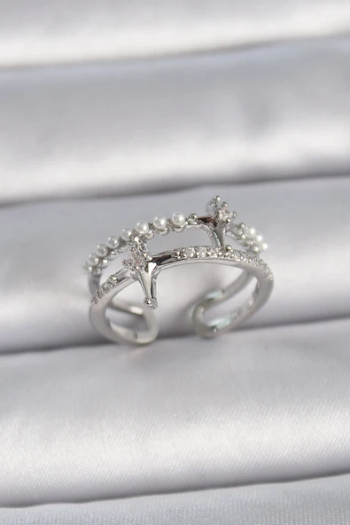 Pirinç Gümüş Renk Ayarlanabilir Zirkon Taşlı Kutup Yıldız İnci Detay Kadın Yüzük ürün görseli 1