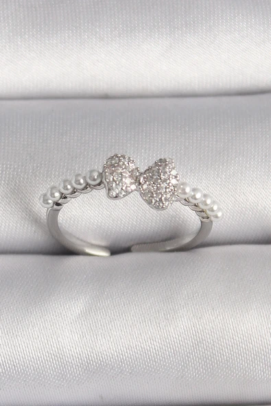 Pirinç Gümüş Renk Zirkon Taşlı Fiyonk İnci Detay Ayarlanabilir Yüzük ürün görseli 1