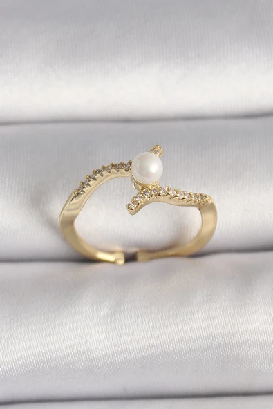 Pirinç Gold Renk Zirkon Taşlı İncili Ayarlanabilir Yüzük ürün görseli 1