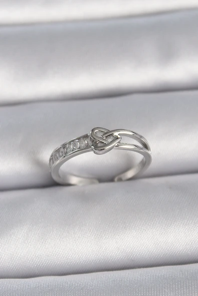 Pirinç Gümüş Renk Ayarlanabilir Zirkon Taşlı Düğüm Kalp Model Kadın Yüzük ürün görseli 1