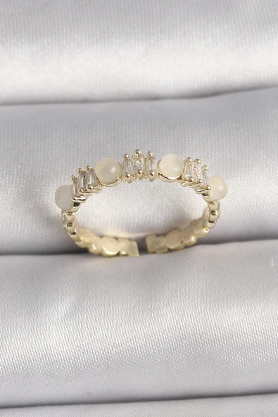 Pirinç Gold Renk Zirkon Taşlı Beyaz Mineli Ayarlanabilir Yüzük ürün görseli