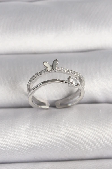 Pirinç Gümüş Renk Zirkon Taşlı Kelebek Figürlü Ayarlanabilir Yüzük ürün görseli 1