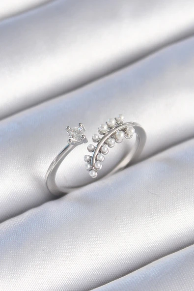 Pirinç Gümüş Renk Zirkon Taşlı İncili Yaprak Model Kadın Yüzük ürün görseli 1