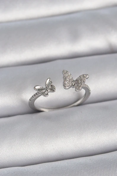 Pirinç Gümüş Renk Ayarlanabilir Zirkon Taşlı Kelebek Model Kadın Yüzük ürün görseli 1