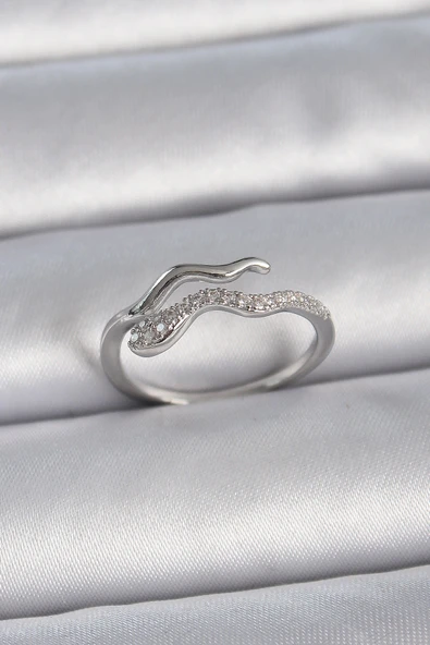 Pirinç Gümüş Renk Zirkon Taşlı Yılan Ayarlanabilir Model Kadın Yüzük ürün görseli