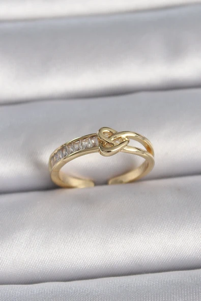 Pirinç Gold Renk Ayarlanabilir Zirkon Taşlı Düğüm Kalp Model Kadın Yüzük ürün görseli 1