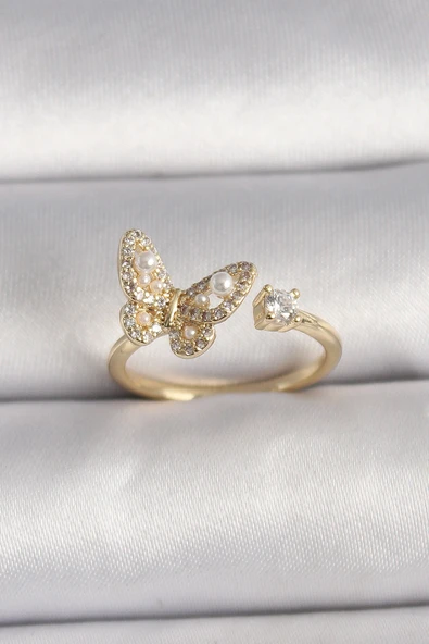Pirinç Gold Renk Zirkon Taşlı Kelebek Model İnci Detay Ayarlanabilir Yüzük ürün görseli 1