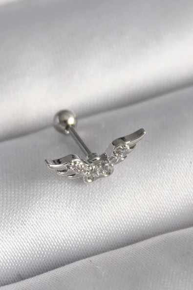 316L Çelik Gümüş Renk Zirkon Taş Detay Kanat Model Tragus Piercing ürün görseli 1