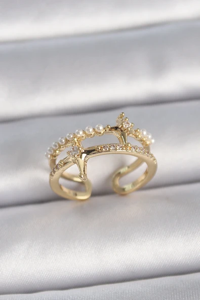 Pirinç Gold Renk Ayarlanabilir Zirkon Taşlı İncili Yıldız Model Kadın Yüzük ürün görseli 1
