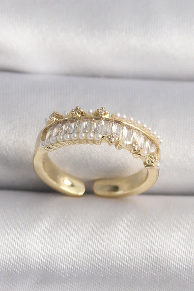 Pirinç Gold Renk Zirkon Taşlı İnci Detay VIP Seri Kadın Yüzük ürün görseli 1