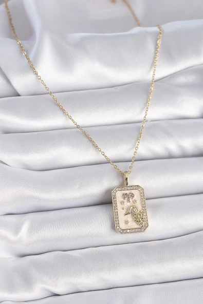 316L Çelik Gold Renk Zincir Koç Burcu Zirkon Taşlı Kadın Kolye - Resim 2