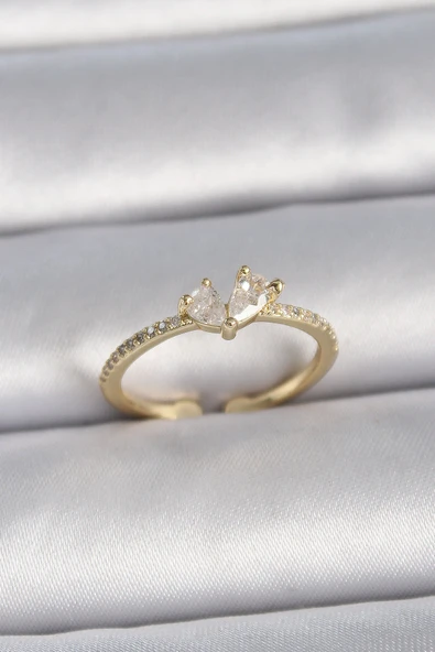 Pirinç Gold Renk Ayarlanabilir Zirkon Taşlı Kalp Model Kadın Yüzük ürün görseli 1