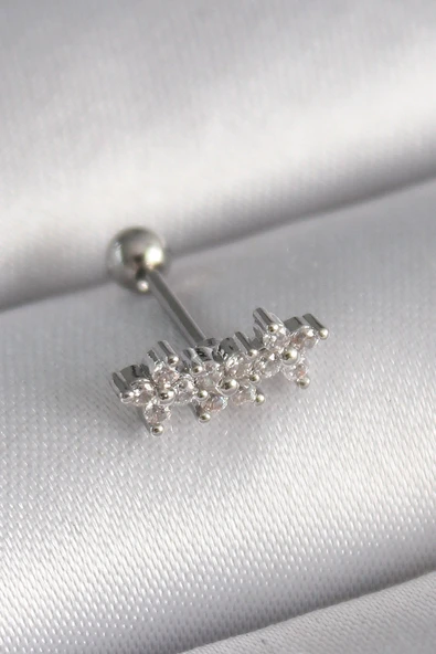 316L Çelik Gümüş Renk Zirkon Taşlı Yonca Tragus Piercing ürün görseli 1
