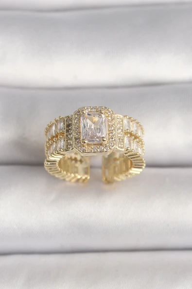 Pirinç Gold Renk Ayarlanabilir Baget Zirkon Taş Model Kadın Yüzük ürün görseli