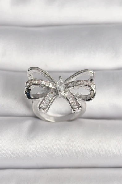 Pirinç Gümüş Renk Ayarlanabilir Zirkon Taşlı Kurdele Model Kadın Yüzük ürün görseli 1