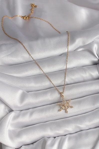 316L Çelik Gold Renk Zincir Zirkon Taşlı Kar Tanesi Model Kadın Kolye - Resim 2